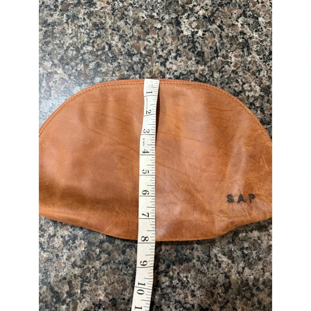 Cognac Brown Leather Half Moon Zipper Pouch Travel Cosmetic Bag Monogram SAP